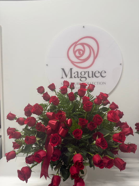 Regal Embrace – 60 Long Stem Roses in white ceramic Vase