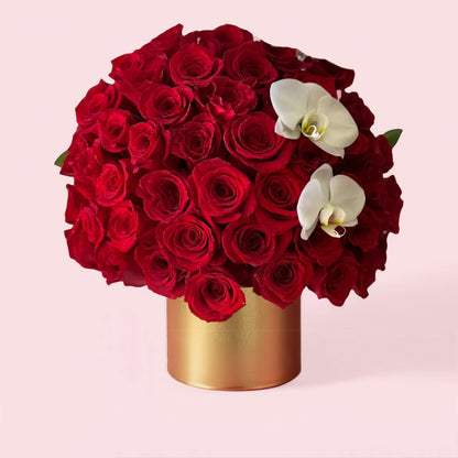 Signature Scarlet Roses & Orchid Arrangement