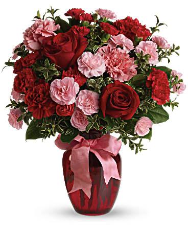 Crimson Blush – Roses & Carnations in Red Glass Vase