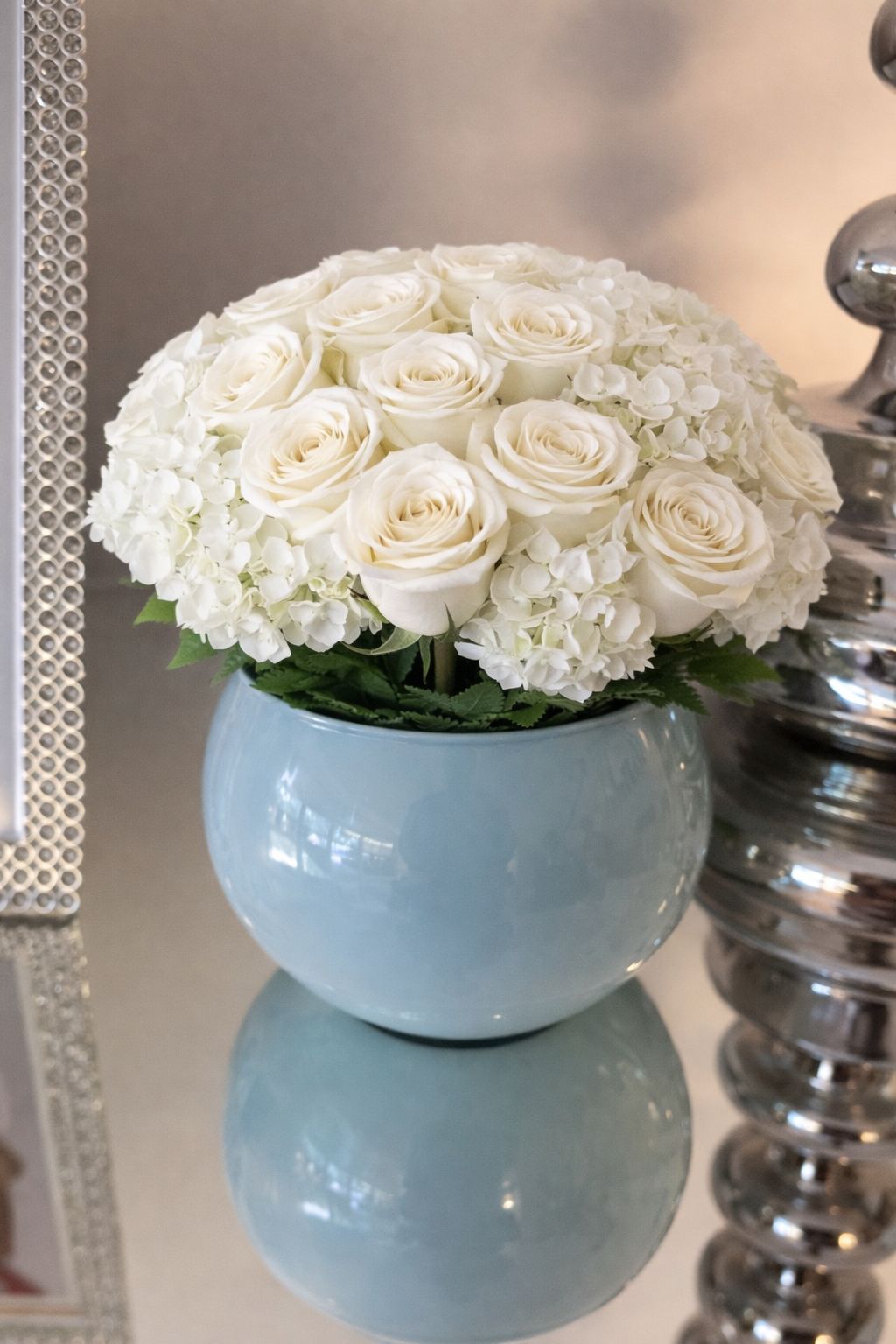 White Signature Roses with Hydrangeas