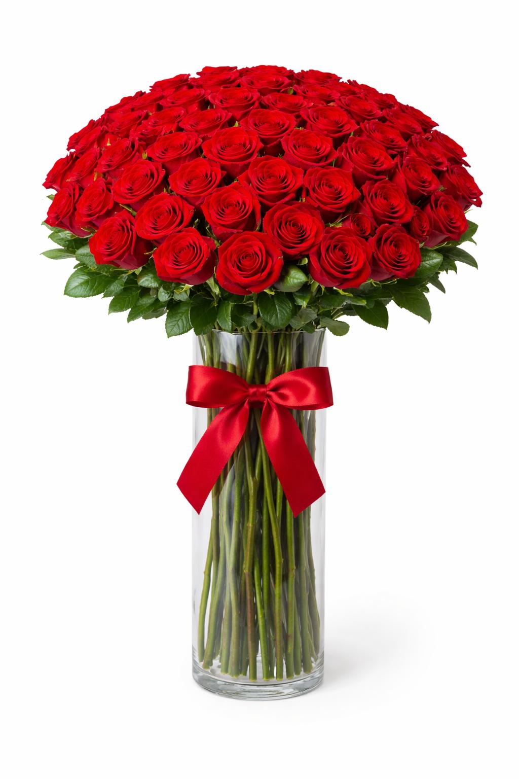 Regal Embrace – 50 or 70 Long Stem Roses in Glass Vase